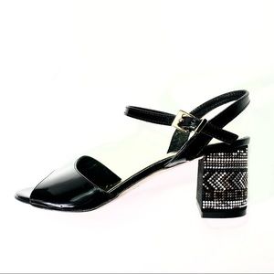 Patent leather sandals, embellished  stacked heel, metallic beads, Italian, NEW
